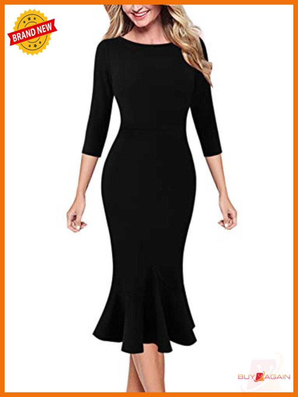 Vintage Mermaid Midi Dress 3/4 Sleeve Round Neck Cocktail Party
